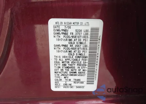 2009 Nissan Murano Sl z USA, uszkodzony, nr VIN JN8AZ18W69W145907